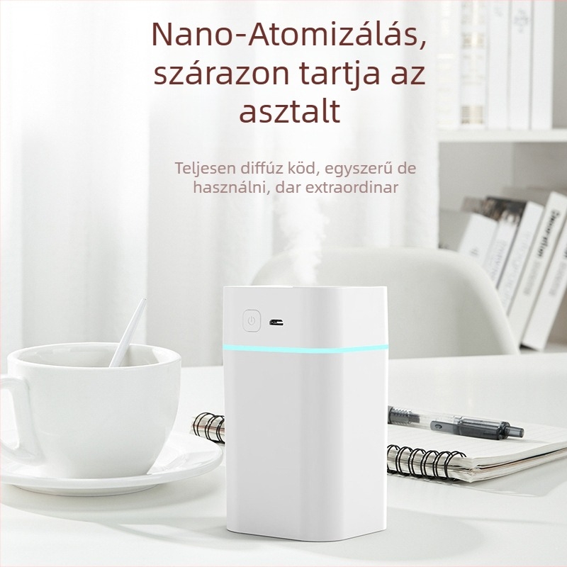 Mini USB hangtalan párásító háztartási használatra, 10–20 m² lefedettség, tartály ≤0,5 L, 1 köd kimenet, USB táplálás 2–4 W, zaj < 36 dB
