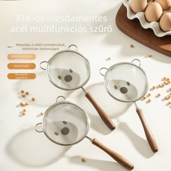 Finom hálószűrő kanál fa fogantyúval, 304-es rozsdamentes acélból, babatápláláshoz, ultrafin szűrés gyümölcslevek és szójatej maradványai számára.