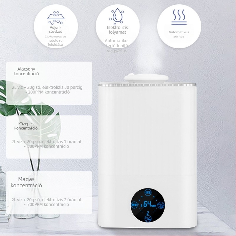 Családi fertőtlenítő párásító hipoklórossavval, 4,1–6,0 L tartály, 10–20 m², zaj 36–45 dB
