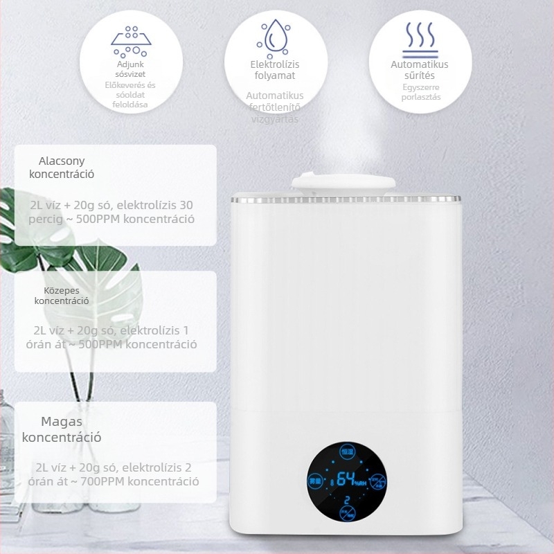 Családi fertőtlenítő párásító hipoklórossavval, 4,1–6,0 L tartály, 10–20 m², zaj 36–45 dB