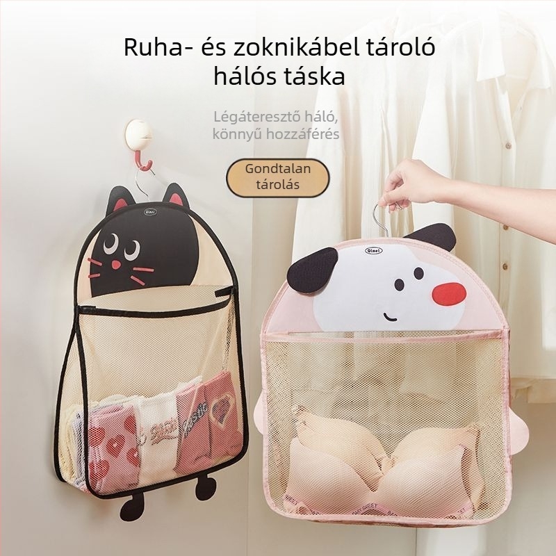 Felhajtható fehérnemű- és zokniszervező, kocka alakú, poliészter + háló, többfunkciós falra szerelhető tároló, alkalmas fehérneműre és melltartóra