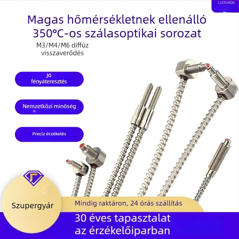 Magas hőmérsékletű, 350°C-ig terhelhető száloptikai szenzor, Through-Beam típusú, M4 görbe vég, difúz reflexiós üveg, hőálló optikai rost szenzor