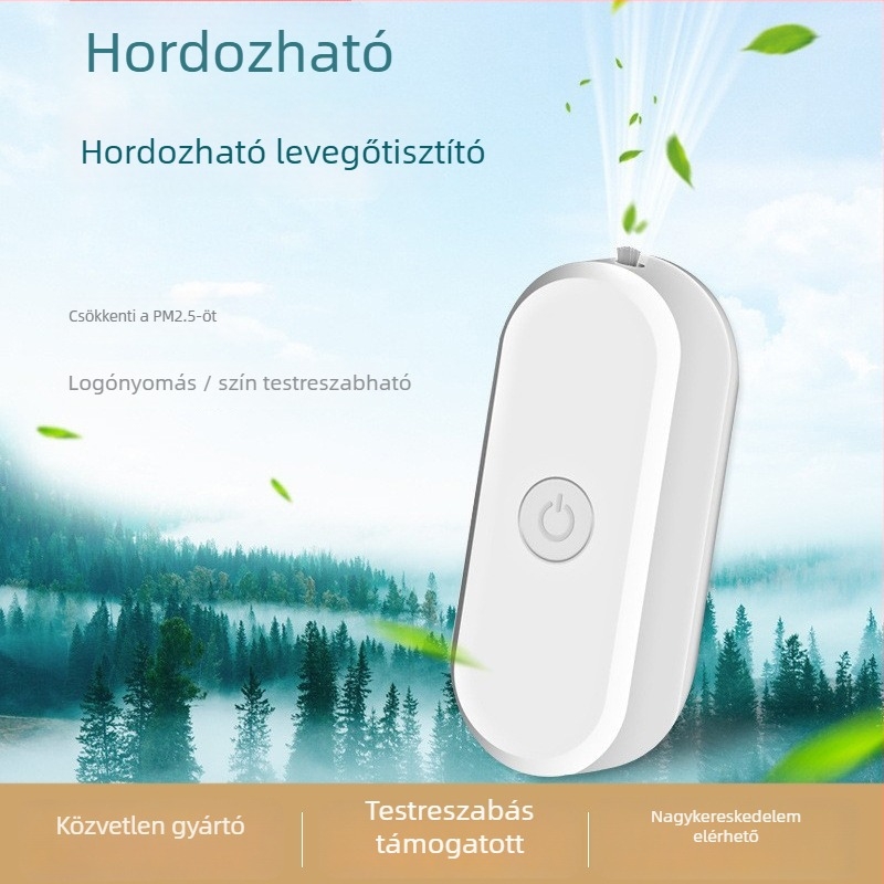 Nyakban hordható levegőtisztító negatív ionokkal, USB tápegységgel, 50 m³/h, 36 dB, alkalmas helyiségekben legfeljebb 10 m²-ig.