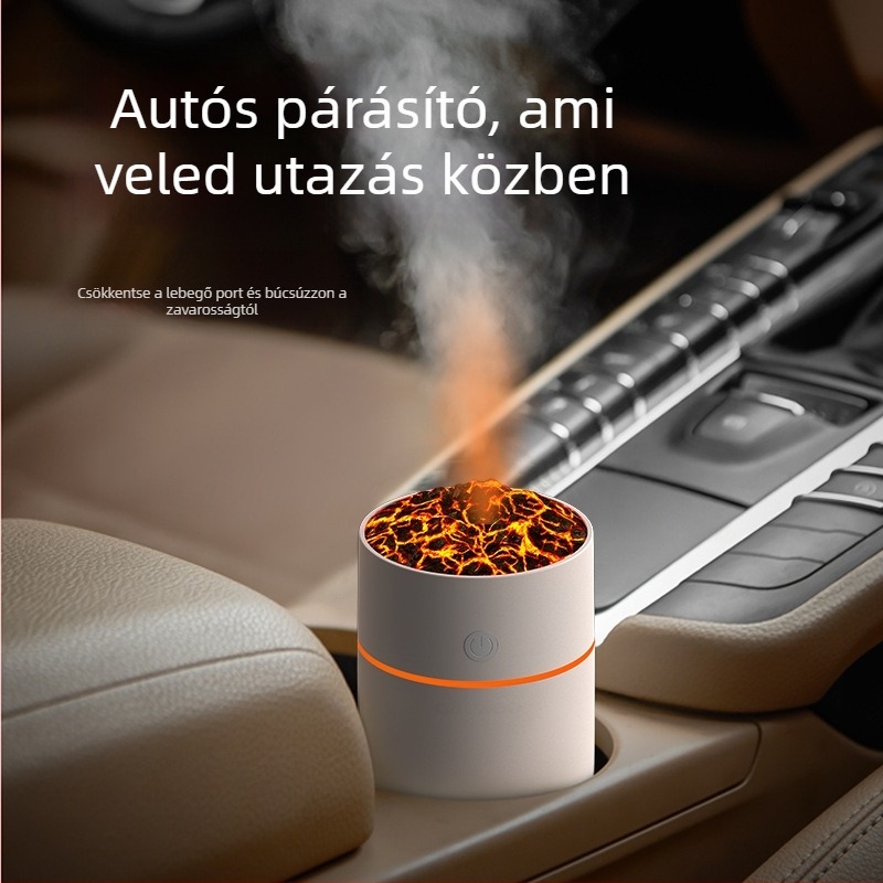 Vulkán-kupa mini USB ultrahangos párásító, otthonra és autóba, 1 gőz kimenet, tartály ≤0,5 L, ideális helyiségekig 10 m²-ig, USB tápegység, 2 W, aromadiffúzor