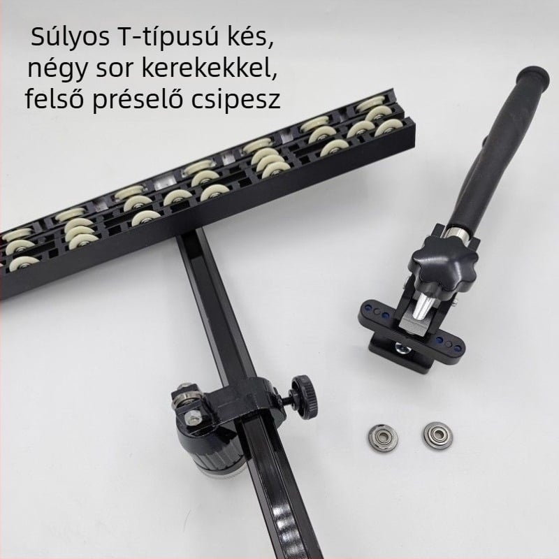 Csempék vágója: nehéz felépítésű, nagy pontosságú kőlemezek vágása, T-típusú toló kés, 3–4 sor kerék, üveg kés