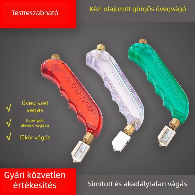 RUBTTO Görgős üvegvágó diamantes hengerrrel, olajfeltöltéses kivitel, ergonómikus markolat – vágási vastagság 3–15 mm