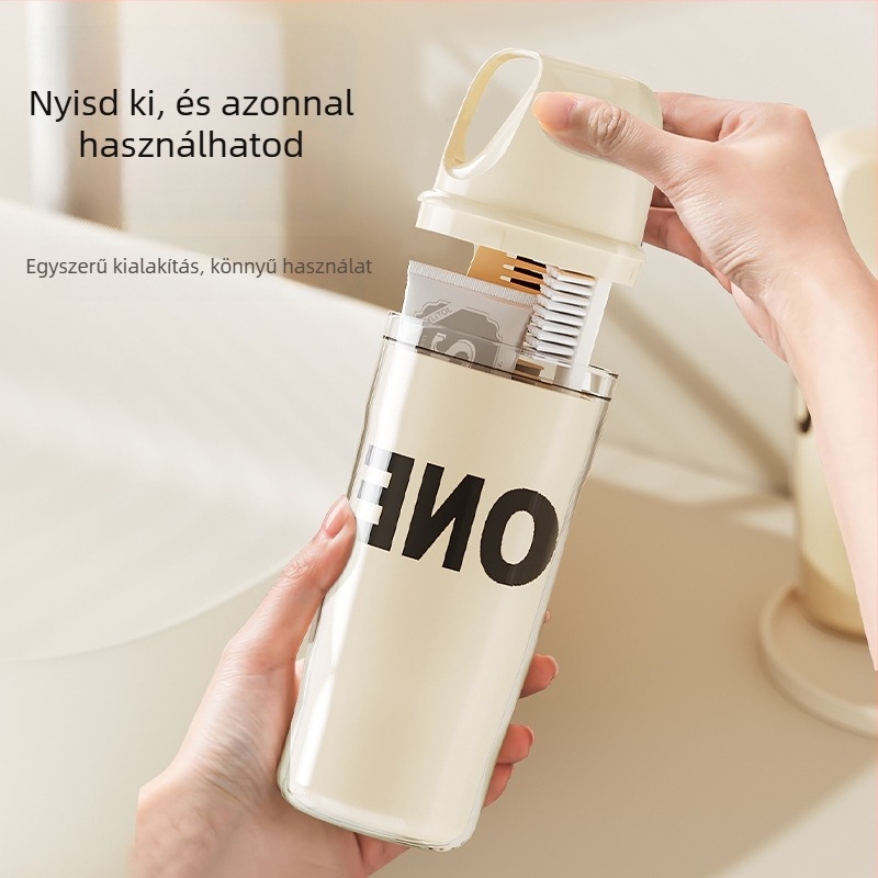 Utazási 3-in-1 higiénés készlet: öblítő pohár, fogkefe és fogkrém tartó – műanyag, logó nyomtatás elérhető, testreszabás