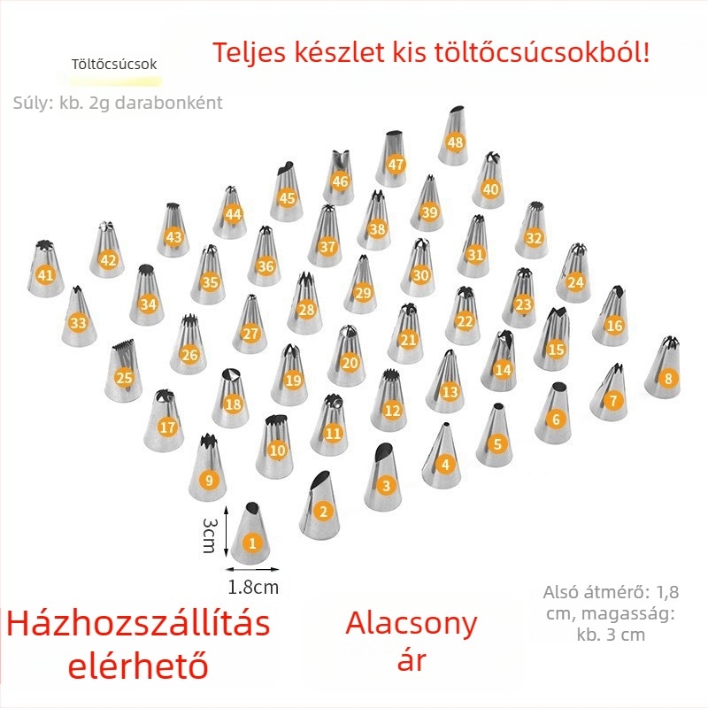 Rozsdamentes acélból készült díszítőcső, koreai stílusú, 48 lyukas, krémhez és torta virág petaláihoz, csomagolás 2000