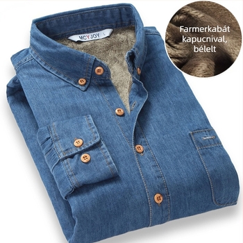 Férfi denim ing meleg béléssel, hosszú ujjú, négyzet alakú gallér, 100% pamut