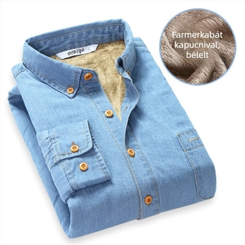 Férfi denim ing meleg béléssel, hosszú ujjú, négyzet alakú gallér, 100% pamut