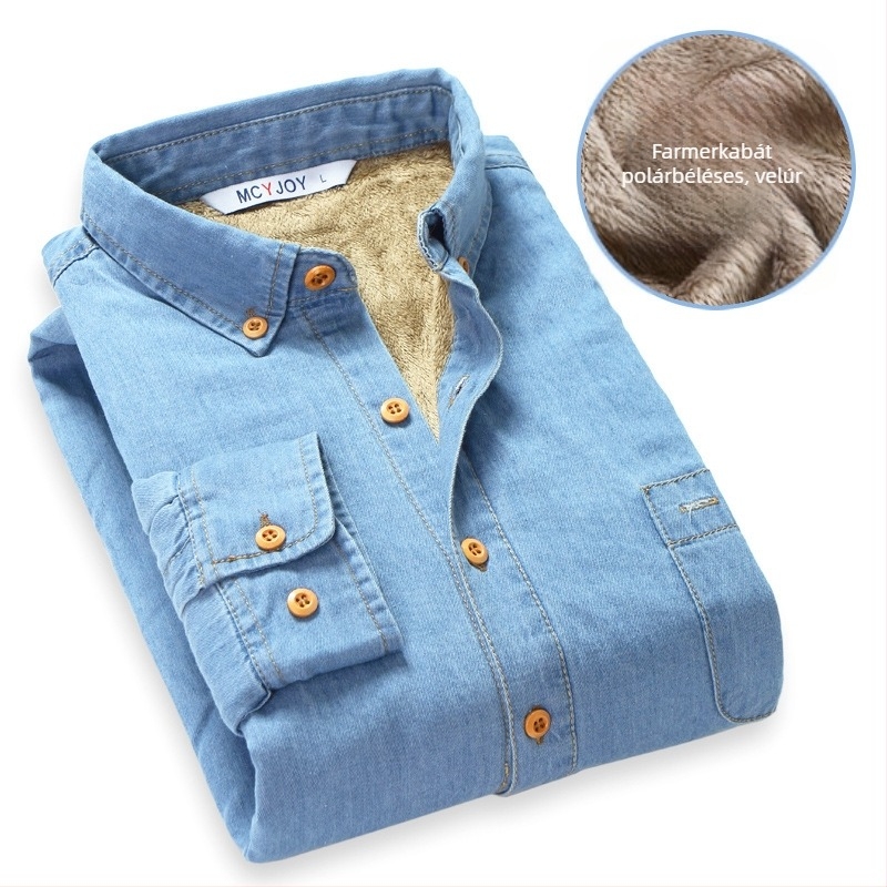 Férfi denim ing meleg béléssel, hosszú ujjú, négyzet alakú gallér, 100% pamut