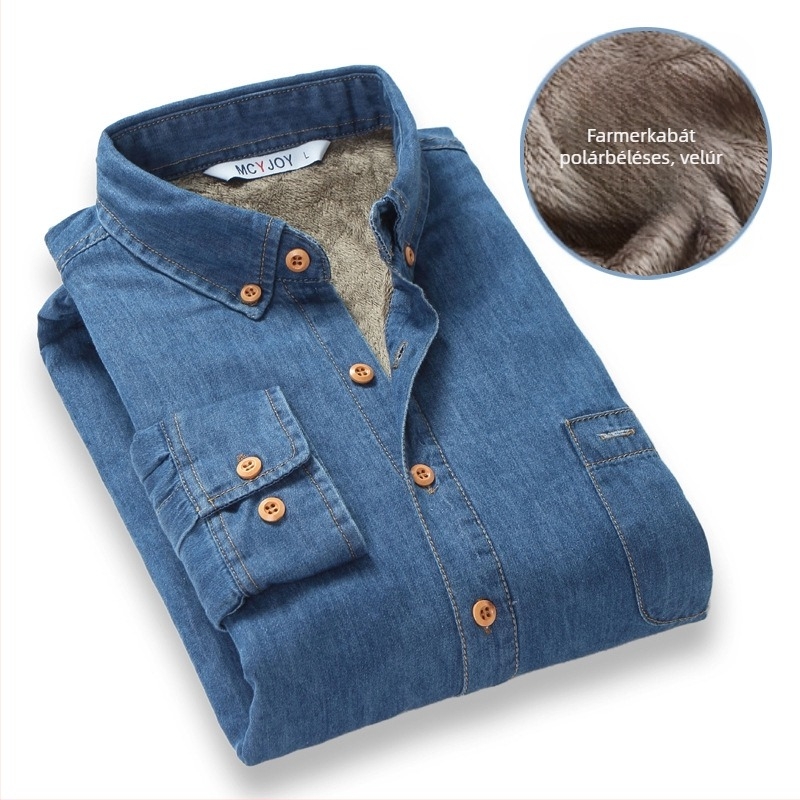 Férfi denim ing meleg béléssel, hosszú ujjú, négyzet alakú gallér, 100% pamut