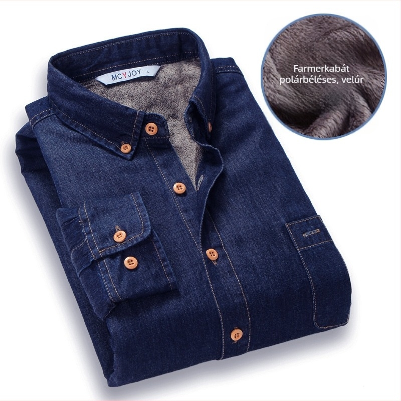 Férfi denim ing meleg béléssel, hosszú ujjú, négyzet alakú gallér, 100% pamut