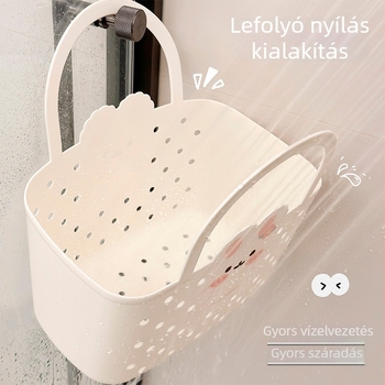 Aranyos nyuszis fürdőkosár, műanyag, hordozható, leeresztő nyílásokkal, fürdőszobai tároláshoz, modell A663