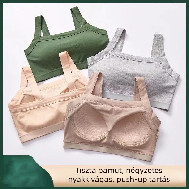 Pamut drót nélküli melltartó négyszögletes dekoltázsú, egyrészes, lógás elleni tartással és push-up hatással, sportmelltartó