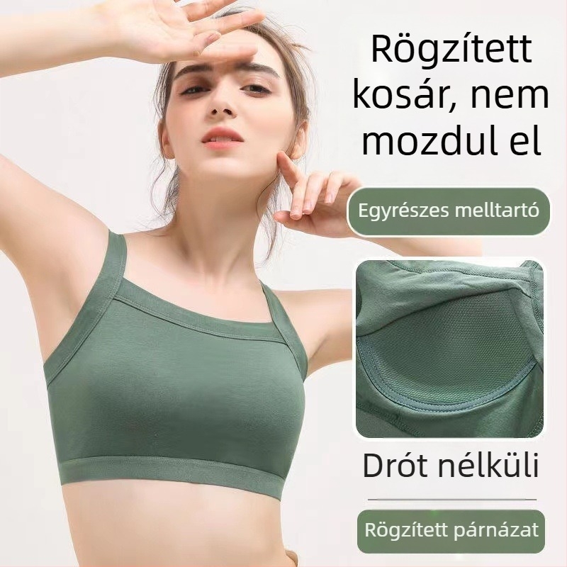 Pamut drót nélküli melltartó négyszögletes dekoltázsú, egyrészes, lógás elleni tartással és push-up hatással, sportmelltartó