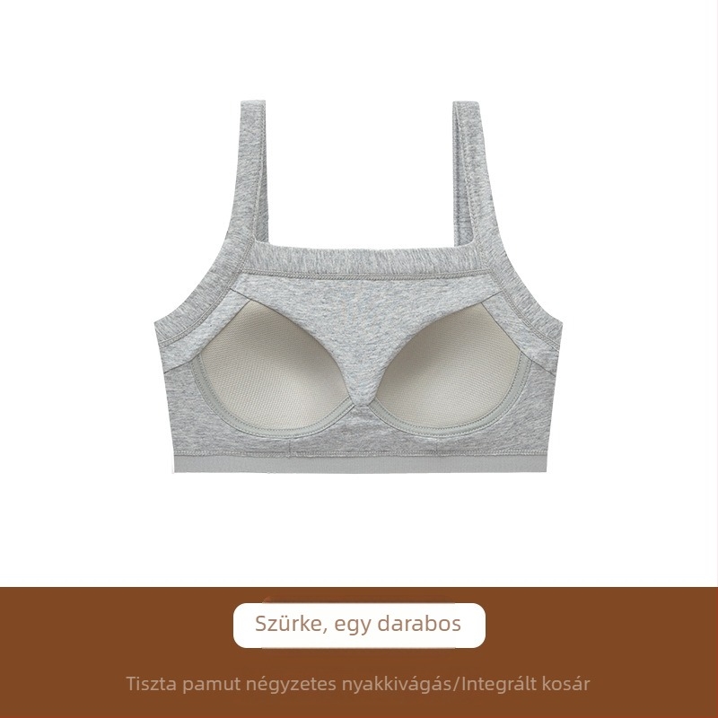 Pamut drót nélküli melltartó négyszögletes dekoltázsú, egyrészes, lógás elleni tartással és push-up hatással, sportmelltartó