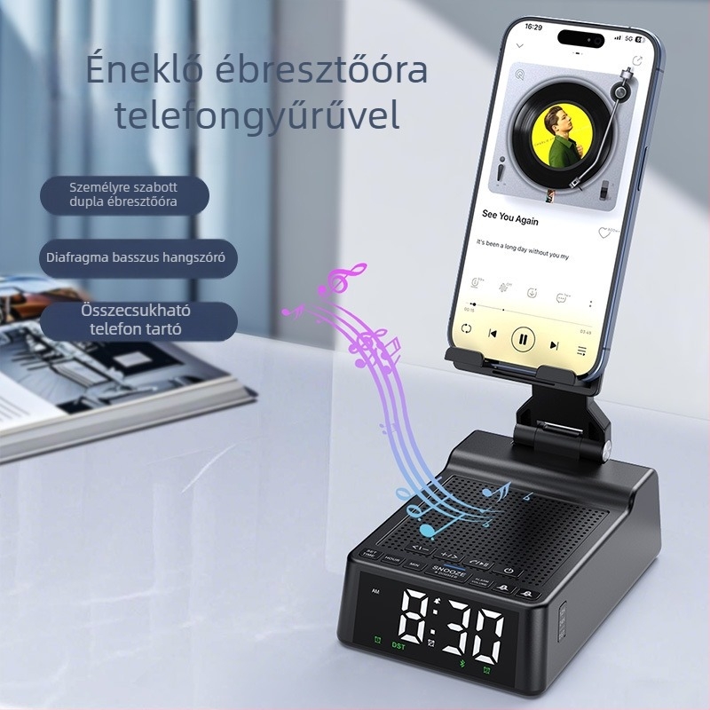 Telefon-tartó Bluetooth hangszóróval és ébresztőórával — 3 az 1-ben asztali eszköz, Bluetooth 5.3, 6W, beépített akkumulátor 1200–2000mAh, frekvencia-válasz 100 Hz–20 kHz, hatótávolság 10 m