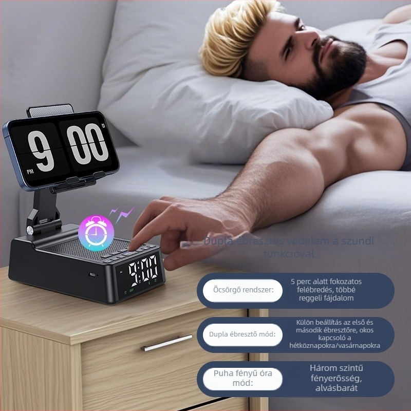 Telefon-tartó Bluetooth hangszóróval és ébresztőórával — 3 az 1-ben asztali eszköz, Bluetooth 5.3, 6W, beépített akkumulátor 1200–2000mAh, frekvencia-válasz 100 Hz–20 kHz, hatótávolság 10 m