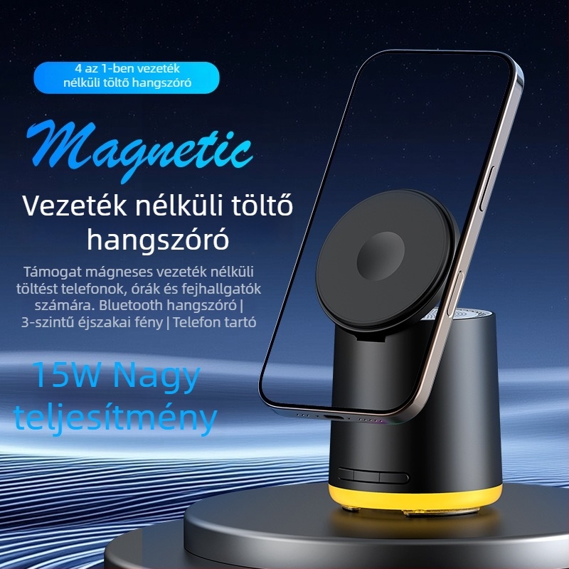 3 az 1-ben vezeték nélküli töltő Bluetooth hangszóróval | Teljesítmény 5W | Bluetooth 5.3 | Beépített akkumulátor 300–500 mAh | Frekvencia-válasz 100 Hz–20 kHz | Hatótávolság 10 m