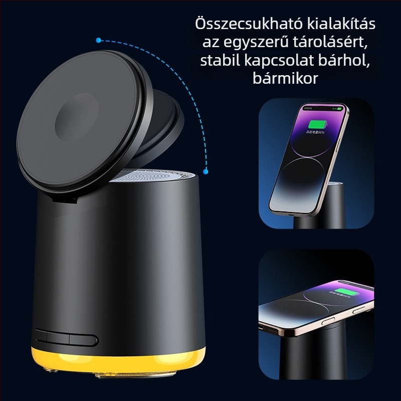 3 az 1-ben vezeték nélküli töltő Bluetooth hangszóróval | Teljesítmény 5W | Bluetooth 5.3 | Beépített akkumulátor 300–500 mAh | Frekvencia-válasz 100 Hz–20 kHz | Hatótávolság 10 m