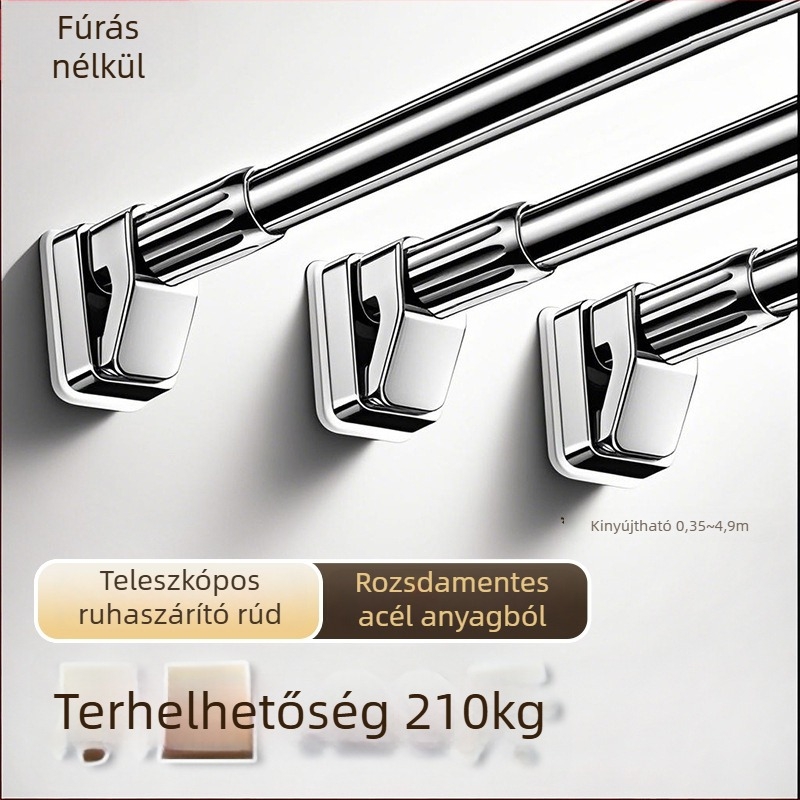 Rozsdamentes acélból készült teleszkópos oldalsó rögzítésű fürdőszobai ruhaszárító rúd, fúrás nélkül, fix, egyenes