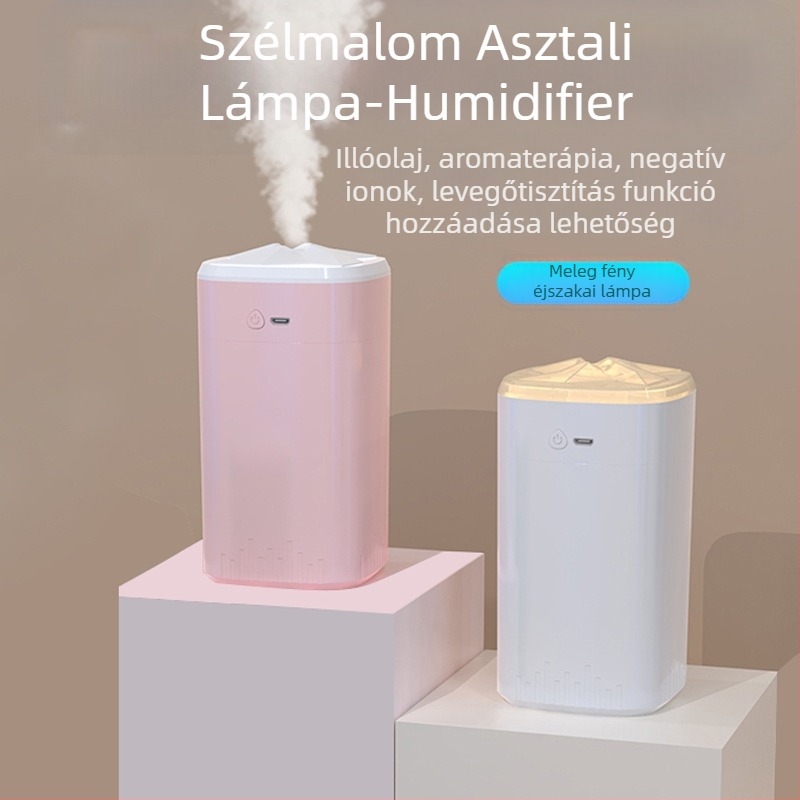 Otthoni és autóban használható aromadiffúzoros párásító éjszakai fénnyel, USB tápegység, 0,5 L tartály, 1 gőznyílás, csendes működés, helyiségek maximum 10 m²-ig