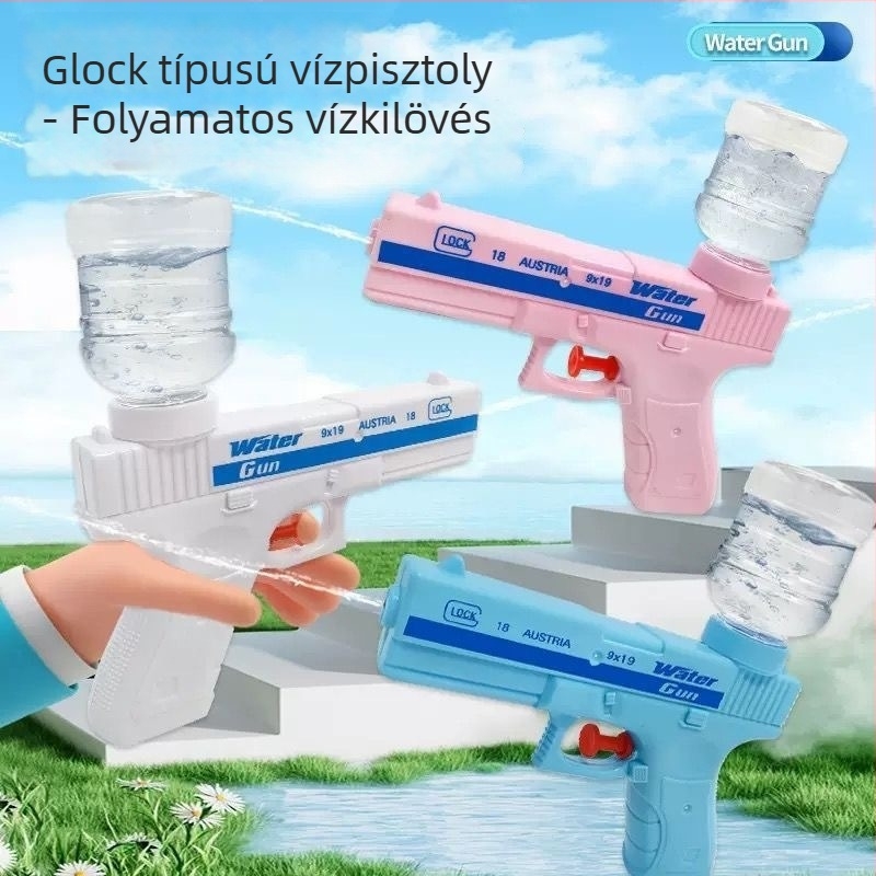 Gyerekeknek szánt vízipisztoly — interaktív családi játék, műanyagból készült, víz spriccel, fejleszti a kéz-szem koordinációt