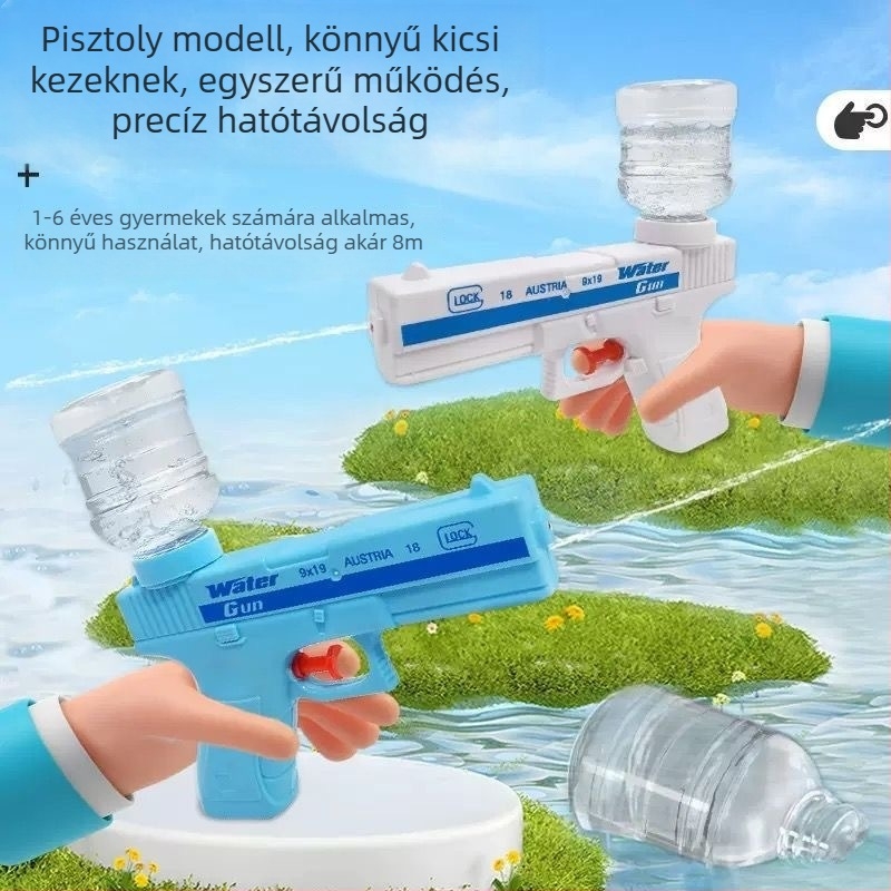 Gyerekeknek szánt vízipisztoly — interaktív családi játék, műanyagból készült, víz spriccel, fejleszti a kéz-szem koordinációt