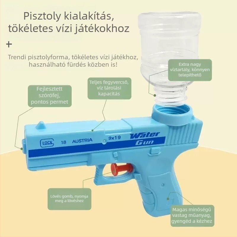 Gyerekeknek szánt vízipisztoly — interaktív családi játék, műanyagból készült, víz spriccel, fejleszti a kéz-szem koordinációt
