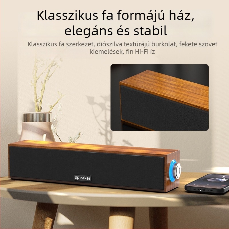 Fából készült asztali hangszórók erősítővel, USB táplálású, kettős meghajtóval, MP3 lejátszás, 6W kimenet