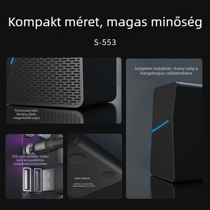 Vezetékes vezérléses asztali számítógépes hangszóró kettős hangszórókkal és mélynyomóval; MP3 lejátszás, AV interfész, 5V bemenet, max. 6W