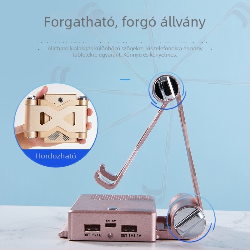 Három az egyben Bluetooth hangszóró telefon-tartóval és beépített akkumulátorral, kimeneti teljesítmény 3 W, 5 V, akkumulátorkapacitás 2000–4000 mAh, Bluetooth-távolság 10 m-ig, frekvenciatartomány 100 Hz–20 kHz