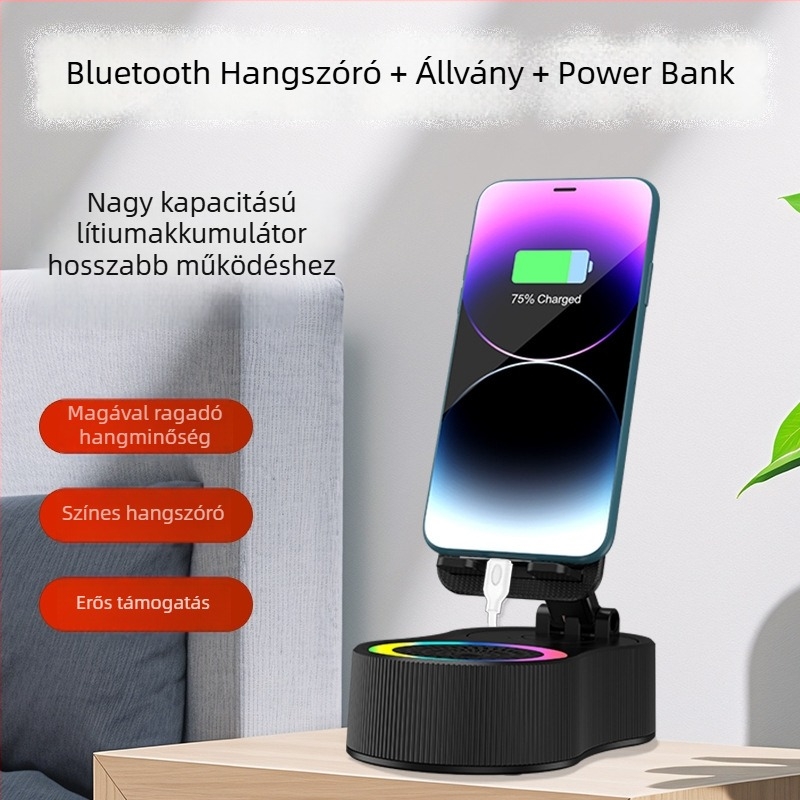 Három az egyben telefon-tartó, Bluetooth hangszóró és power bank - beépített akkumulátor 1200-2000mAh, Bluetooth 5.3, 10 m hatótávolság