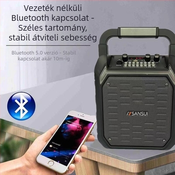 Sansui kültéri karaoke Bluetooth hangsugó beépített mikrofonnal, 60W, Bluetooth 5.1, 6000mAh akkumulátor, 50 m hatótáv