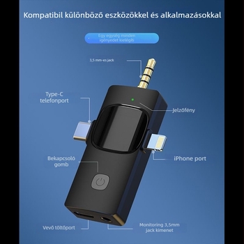 K15 vezeték nélküli lavalier mikrofon – 3 az egyben élő videóhoz és hanghoz, zajcsökkentés, mikrofon rövid videókhoz, Bluetooth 5.3, beépített akkumulátor 3–6 óra