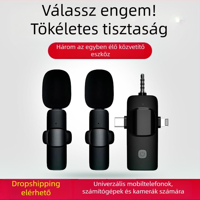 K15 vezeték nélküli lavalier mikrofon – 3 az egyben élő videóhoz és hanghoz, zajcsökkentés, mikrofon rövid videókhoz, Bluetooth 5.3, beépített akkumulátor 3–6 óra