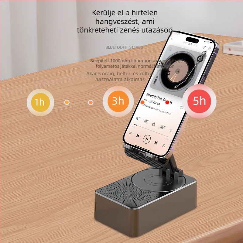 Telefonos tartó Bluetooth hangszóróval és beépített vezeték nélküli töltővel – 5W, IPX7, BT 5.3, 30Hz-15kHz, 10 m hatótáv, 300-500mAh akkumulátor