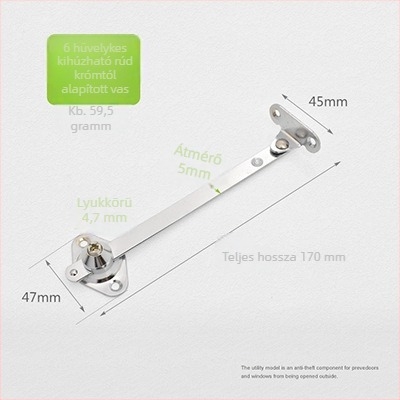 Lehajtható szekrényajtóhoz tartókar, teleszkópos két részes húzórúd, vas-nikkel ötvözet, elektroplating felületkezelés, modell cz001