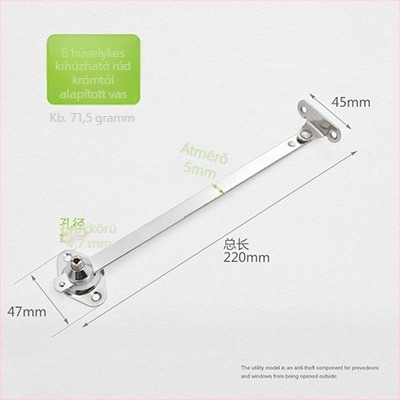 Lehajtható szekrényajtóhoz tartókar, teleszkópos két részes húzórúd, vas-nikkel ötvözet, elektroplating felületkezelés, modell cz001