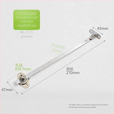 Lehajtható szekrényajtóhoz tartókar, teleszkópos két részes húzórúd, vas-nikkel ötvözet, elektroplating felületkezelés, modell cz001