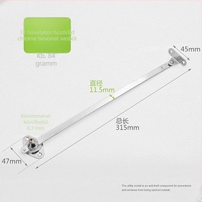 Lehajtható szekrényajtóhoz tartókar, teleszkópos két részes húzórúd, vas-nikkel ötvözet, elektroplating felületkezelés, modell cz001