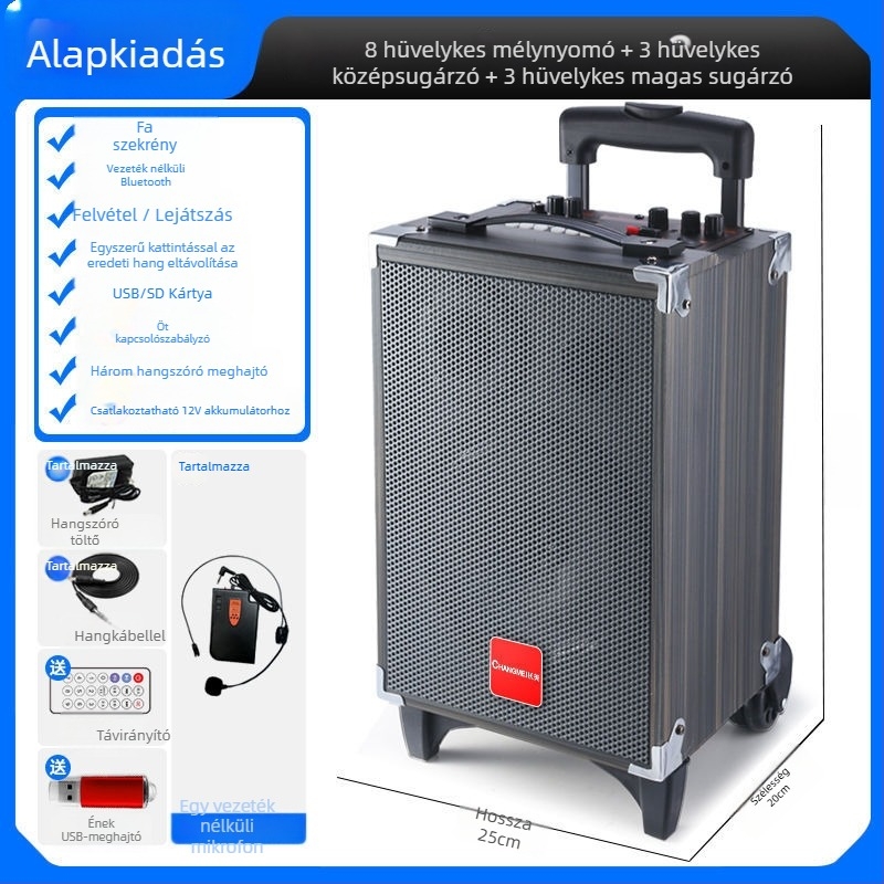 Szabadban használható Bluetooth hangfal három hangsugárzóval, karaoke mód, beépített mikrofonnal, hordozó fogantyúval