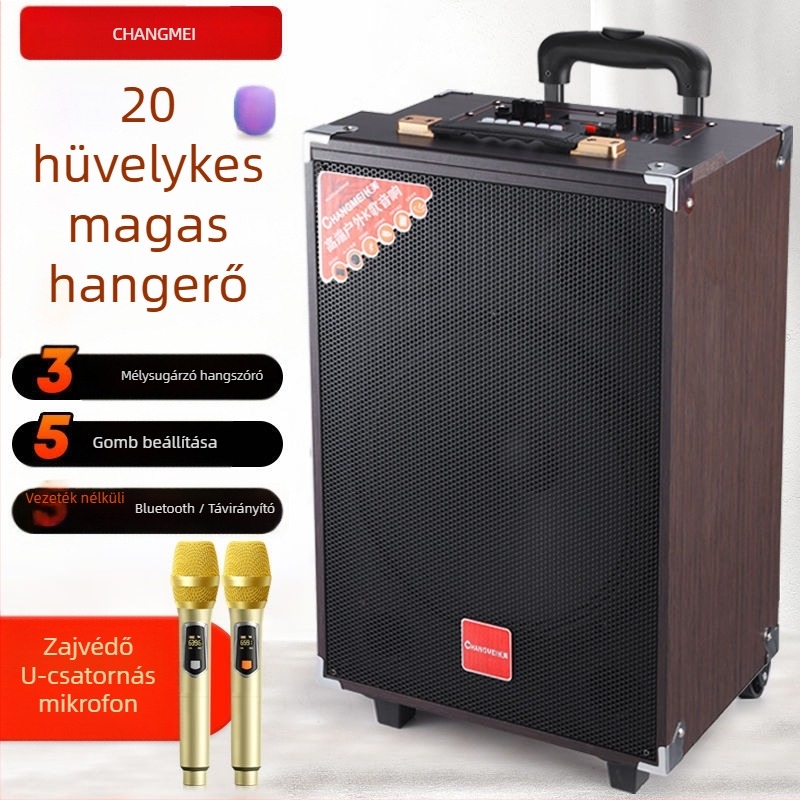Szabadban használható Bluetooth hangfal három hangsugárzóval, karaoke mód, beépített mikrofonnal, hordozó fogantyúval
