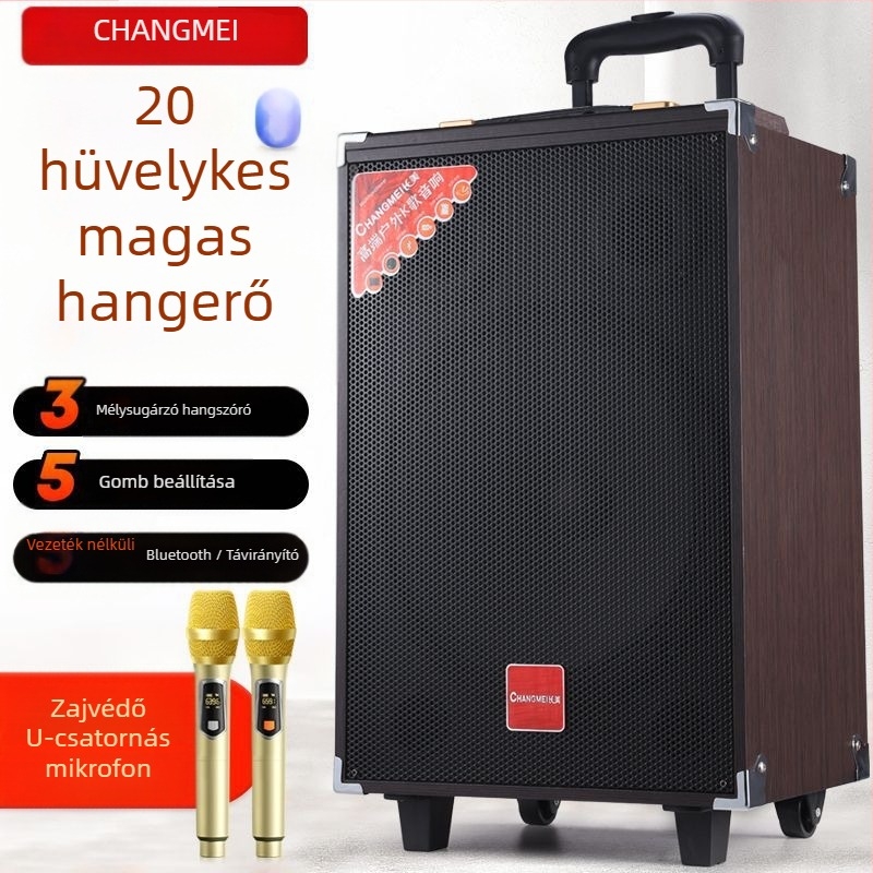 Szabadban használható Bluetooth hangfal három hangsugárzóval, karaoke mód, beépített mikrofonnal, hordozó fogantyúval