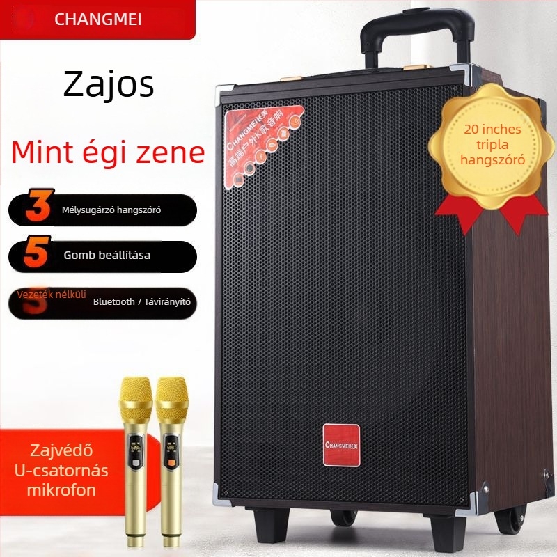 Szabadban használható Bluetooth hangfal három hangsugárzóval, karaoke mód, beépített mikrofonnal, hordozó fogantyúval