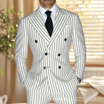 Férfi csíkos öltöny, slim fit, csúcsos gallér, dupla soros gombolás, légáteresztő poliészter-keverék, nyári viselet mindennapi viselésre és esküvőkhöz