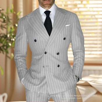 Férfi csíkos öltöny, slim fit, csúcsos gallér, dupla soros gombolás, légáteresztő poliészter-keverék, nyári viselet mindennapi viselésre és esküvőkhöz