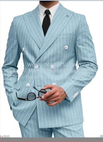 Férfi csíkos öltöny, slim fit, csúcsos gallér, dupla soros gombolás, légáteresztő poliészter-keverék, nyári viselet mindennapi viselésre és esküvőkhöz