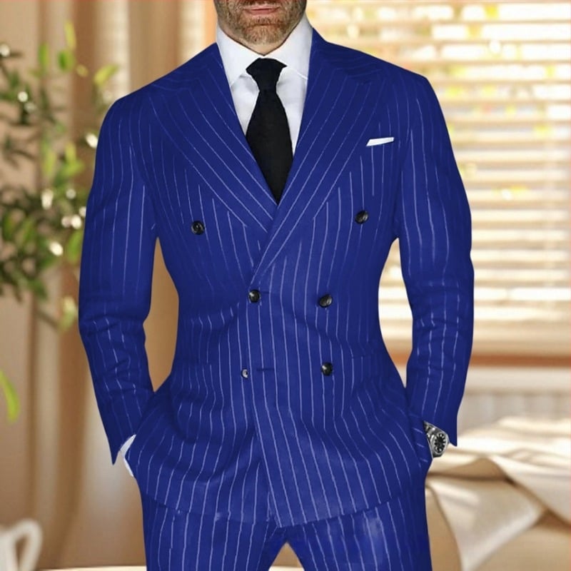 Férfi csíkos öltöny, slim fit, csúcsos gallér, dupla soros gombolás, légáteresztő poliészter-keverék, nyári viselet mindennapi viselésre és esküvőkhöz